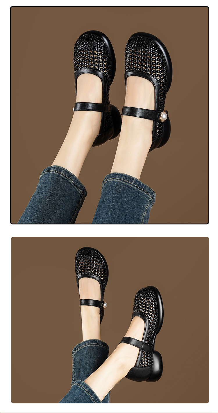 Sandal nữ da thật quai chữ V đan móc mũi kín đế mềm — màu be chi tiết 18