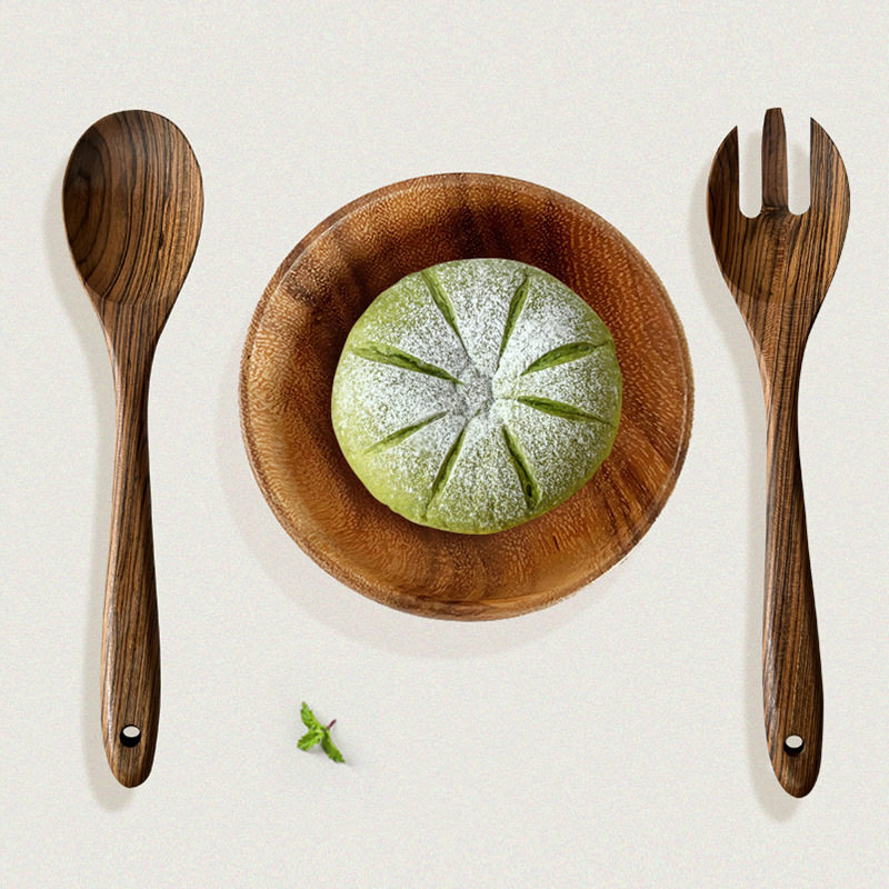 橄榄木勺子沙拉套装长柄木勺木叉烹饪勺搅拌勺子色拉叉子两件套