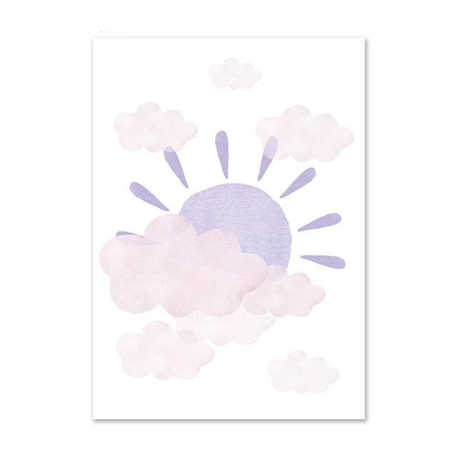Kinderzimmerwand Aquarell Rosa Lila Wetter Regenbogen Sonne Stern Mond Babyzimmer Hanin Leinwand Dekorativ_voghion.com