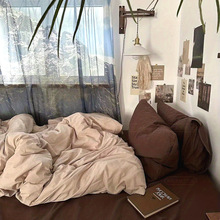 ins复古家居咖色水洗棉四件套简约床单被套床上品宿舍单人三件套