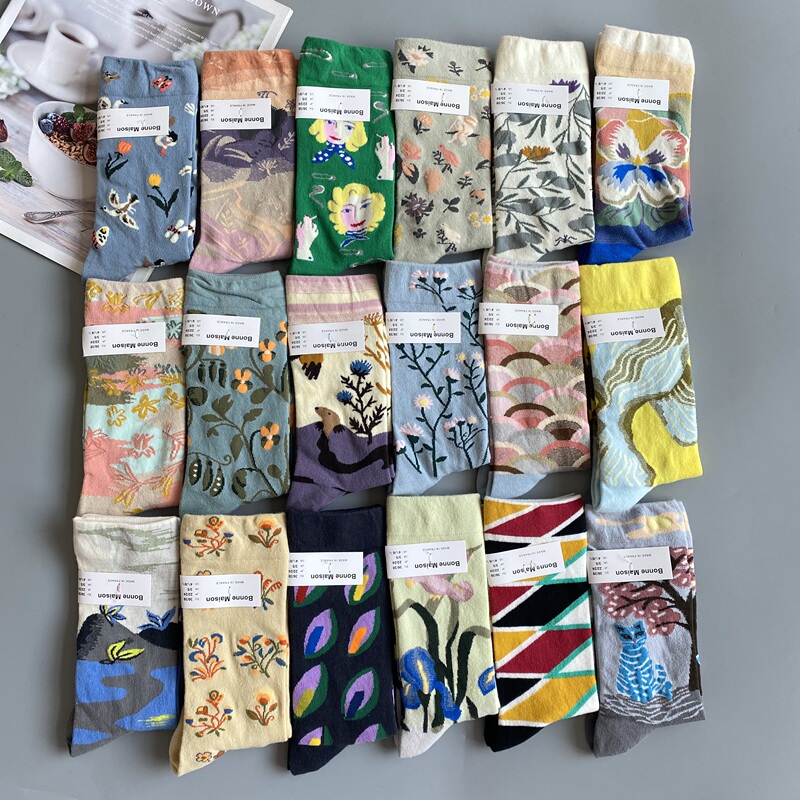 Bm French Trendy Fun Oil Painting Series Socks Gift Box Socks Monet Series Mid-High Tube Calf Cotton Niche Women's Trendy Socks