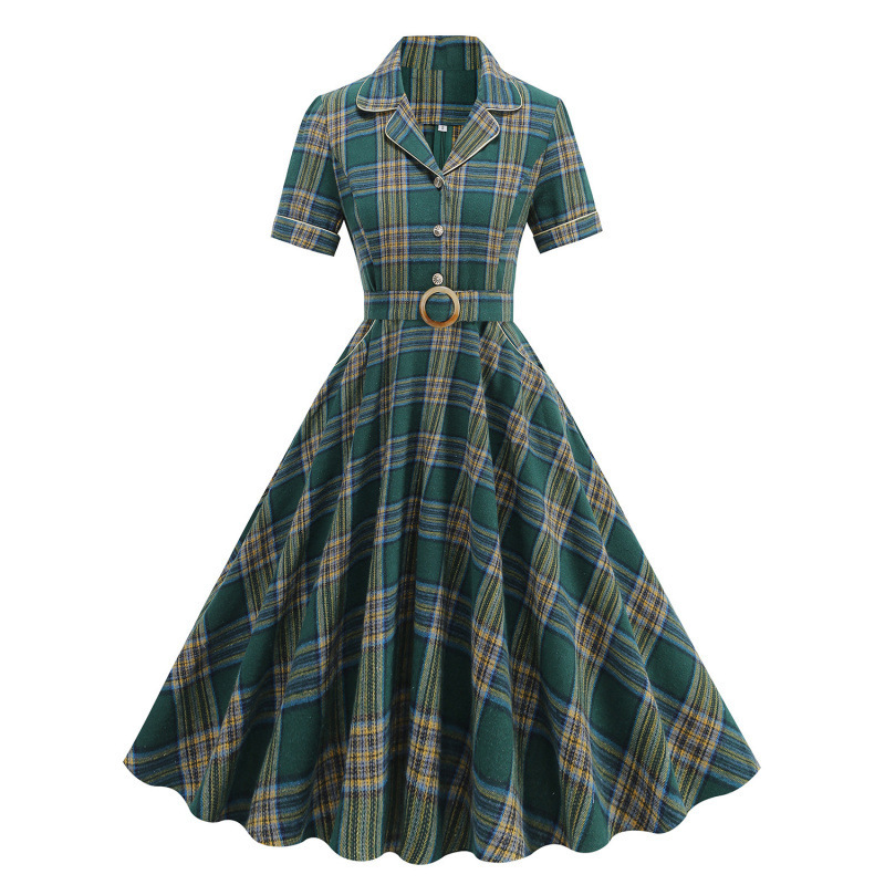 Christmas Hepburn-Style Contrast Color Plaid Slim-Fit Tie-Waist Flared Mid-Length Retro Dress for Women