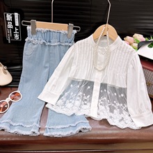 女童2025春秋季新款童装可爱蕾丝衬衫上衣加牛仔裤两件套女宝套装