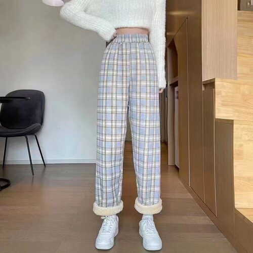 Plaid wide-leg pants for women, high-waisted drapey casual pants, Korean style loose straight-leg floor-length pants for female students, velvet style