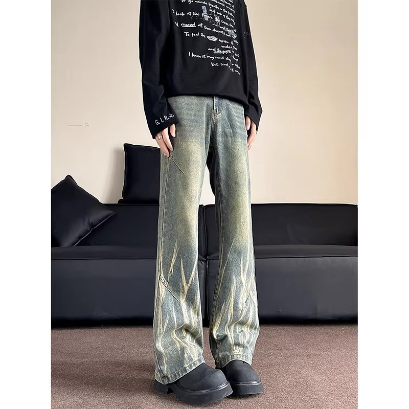 Mud amarillo teñido de lavado con espiga jeans hombre estilo americano delgado microbolar estrecho piso de cintura alta pantalones de cemento