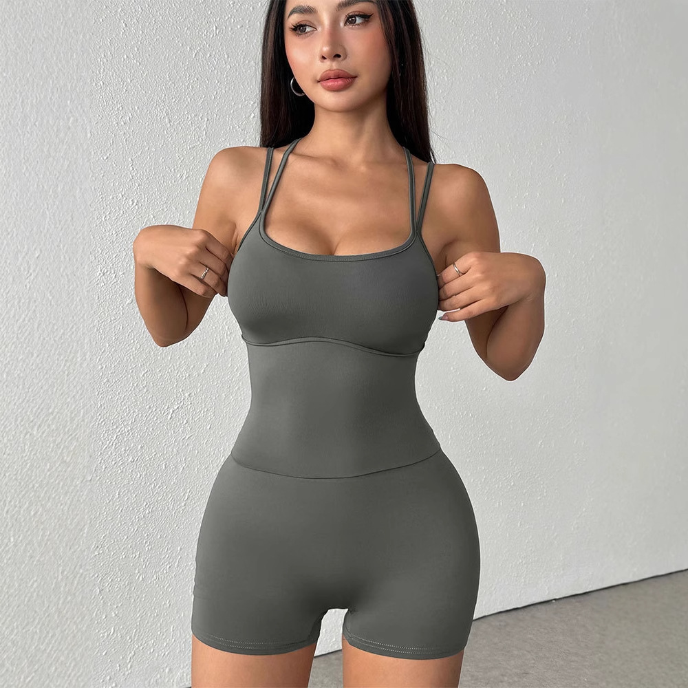 Women's Clothing Women's Sexy Sports Bodysuit Tight Fitting Solid Color Yoga Suspenders Beautiful Back Fitness Romper_ecoleips.com