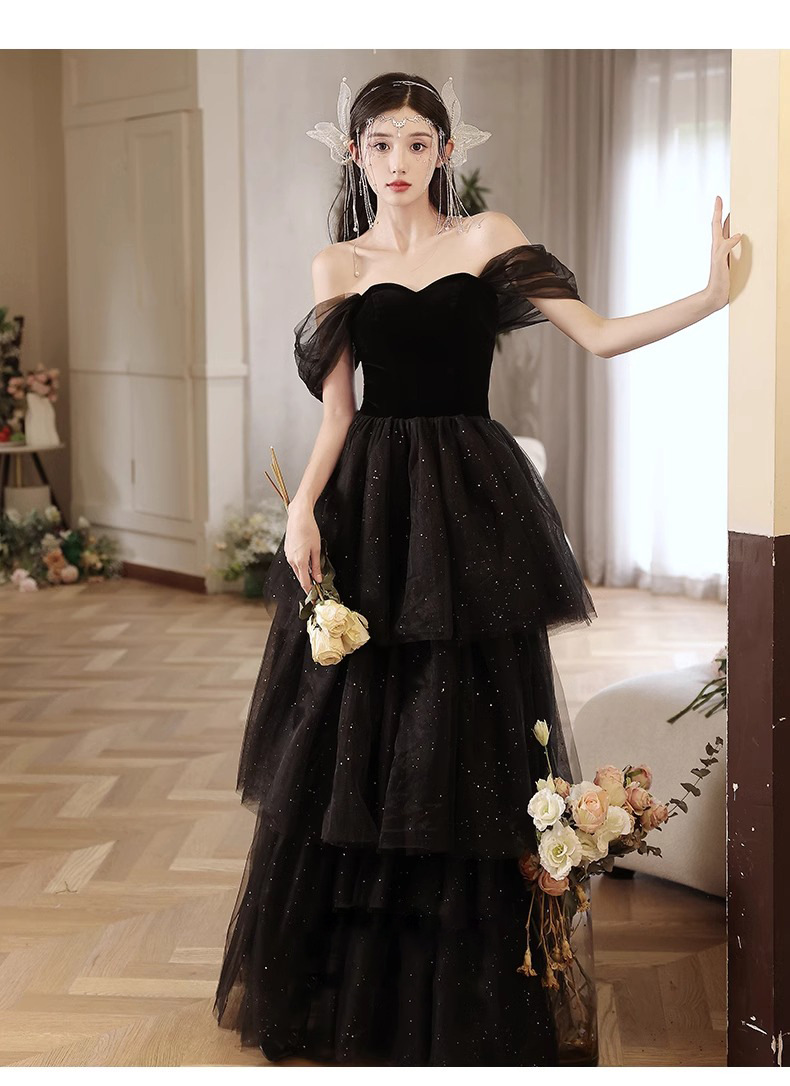 Đầm dạ hội đen lệch vai dáng chữ A thanh lịch — đen chi tiết 8