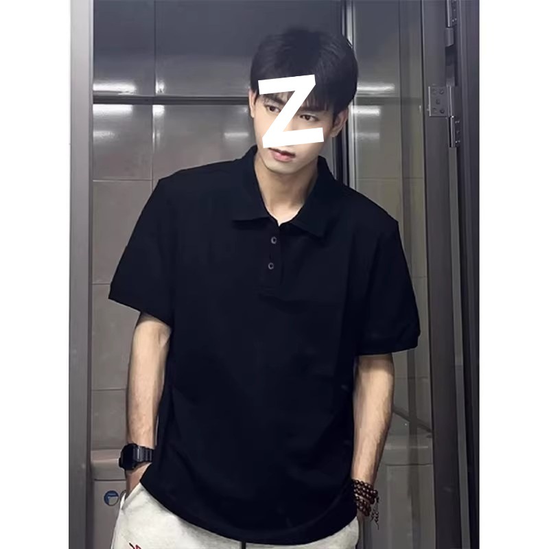 纯黑色短袖polo衫男式夏季感痞帅翻领t恤美式重磅正肩五分袖