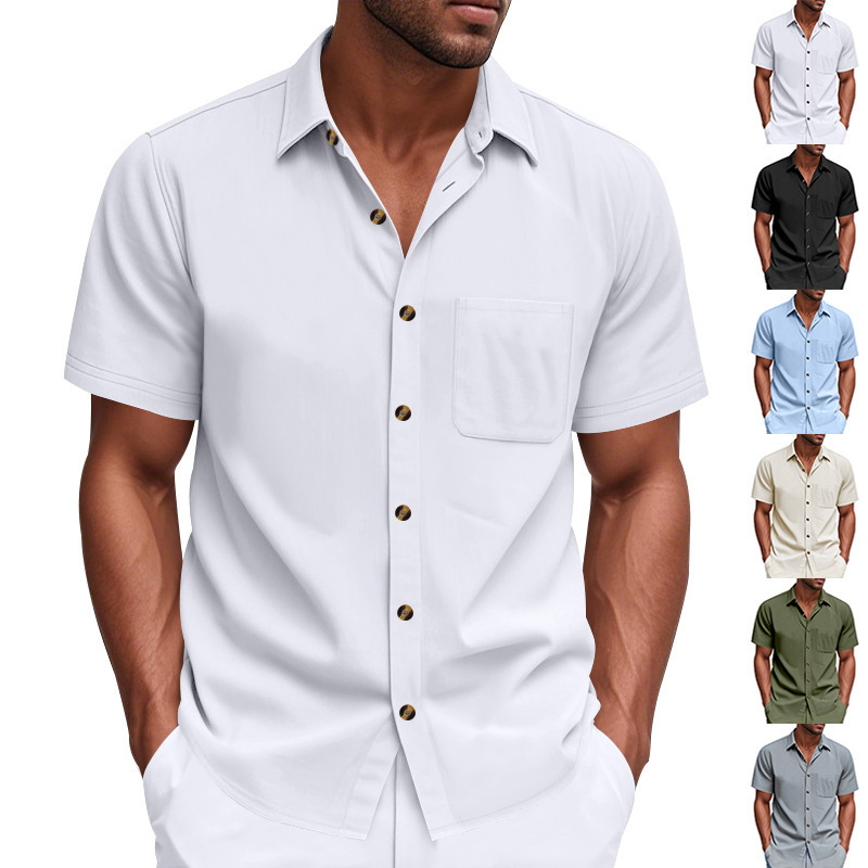American-Style Summer Men's Woven Lapel Solid Color Large Size Casual Simple Business Short-Sleeved Shirt for Men in Ice Silk Blend American-Style Summer Men's Woven Lapel Solid Color Large Size Casual Simple Business Short-Sleeved Shirt for Men in Ice Silk Blend