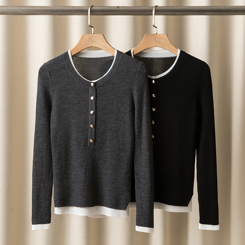 Autumn and Winter New Style Sheep Wool Fake Two-Piece Fashionable Slim Fit Large Elastic Round Neck Long-Sleeved Elegant Versatile Knitted Wool Sweater