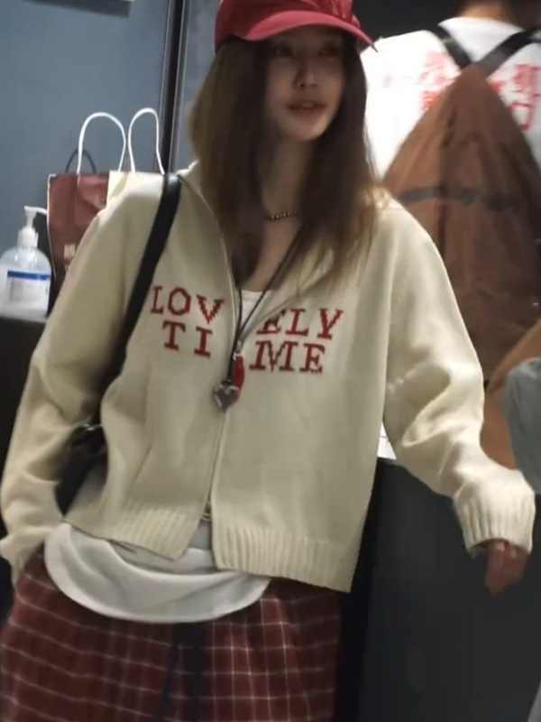 灰色针织开衫女秋季新款双拉链字母绣花连帽上衣短款慵懒毛衣外套|undefined