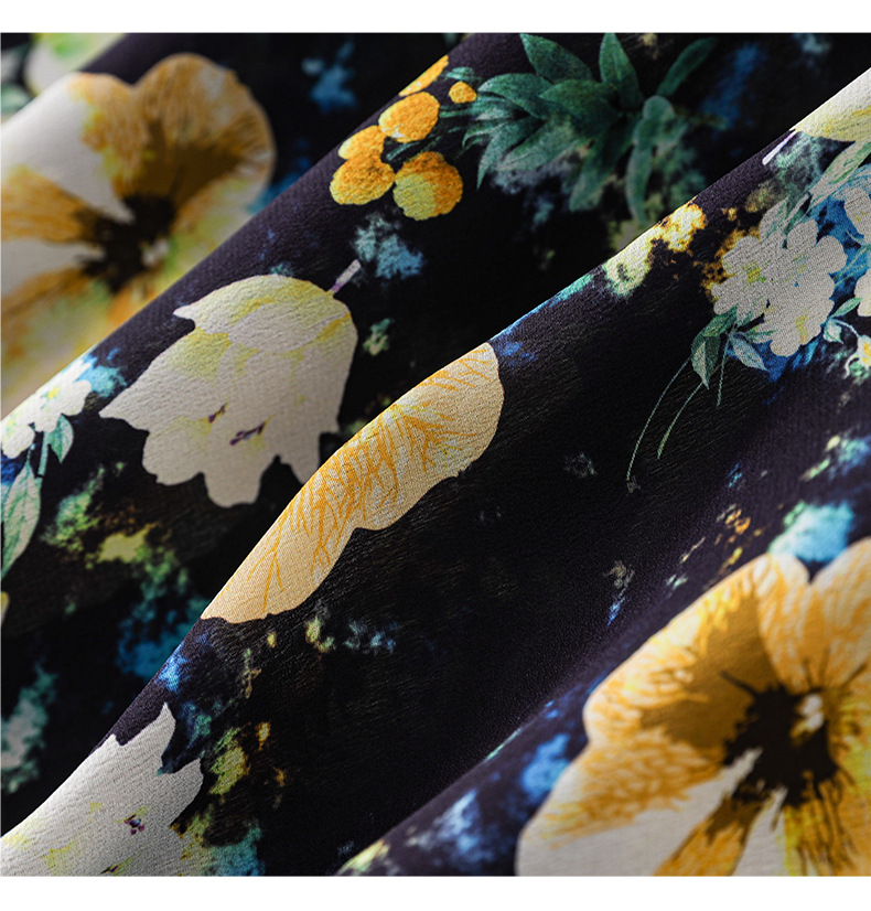 Váy dài lụa tơ tằm in hoa kiểu Pháp tay lá sen cổ chữ V — Nền đen hoa vàng chi tiết 17