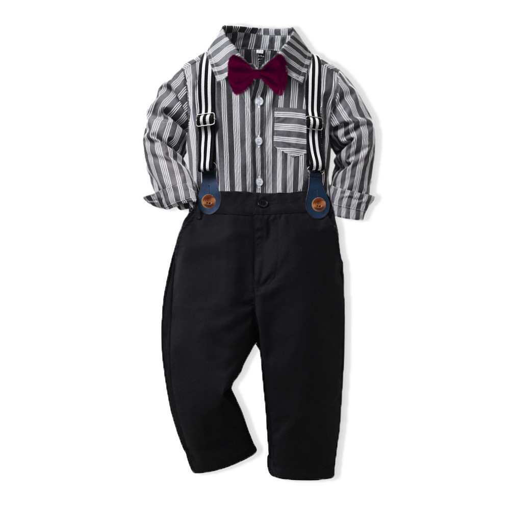 Boys' Autumn Dress Fashionable Baby Handsome Middle School Children's English Stripe Shirt Strap Pants_voghion.com