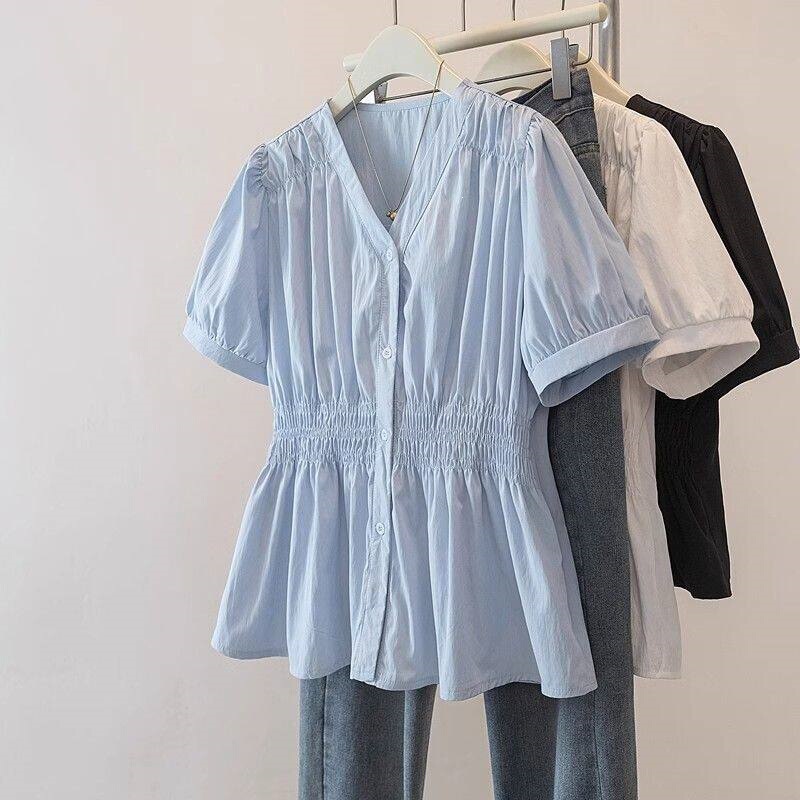 Summer 2026 New V-Neck Popular Versatile Waist-Cinching Shirt for Women, Slimming Top for Plus-Size Women, Large Size Women's Clothing