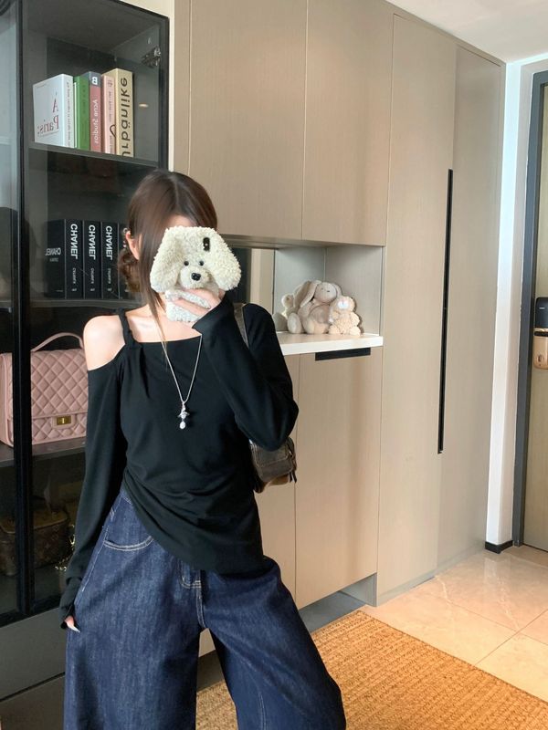 实拍2025秋季新款胖mm大码收腰显瘦纯欲风别致露肩条纹T恤女80348|undefined