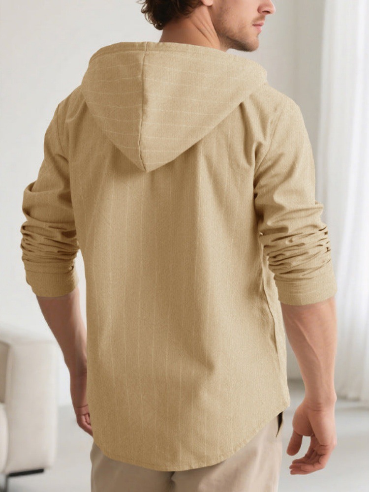 Men's Casual Striped Linen Blend Hooded Shirt Long Sleeve Top_voghion.com
