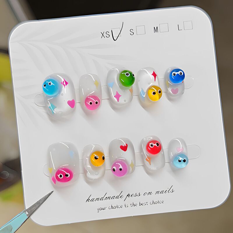 Handmade, high-quality nail art for cross-border e-commerce, featuring a dopamine-inspired, sophisticated design with a smiling face, a unique and stylish 3D effect, and a new, niche aesthetic Handmade, high-quality nail art for cross-border e-commerce, featuring a dopamine-inspired, sophisticated design with a smiling face, a unique and stylish 3D effect, and a new, niche aesthetic