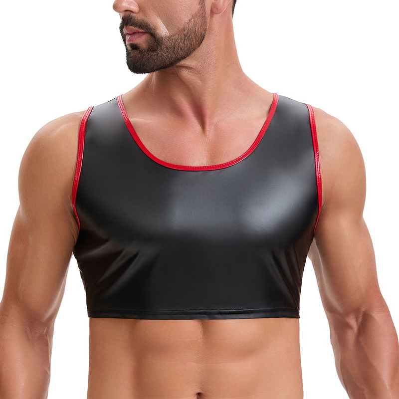 Cross-Border European and American Men's Matte Leather Sleeveless Vest with Red Trim, Round Neck, Slim Fit, Stretchy, Waist-Exposing, Sexy Nightclub Top