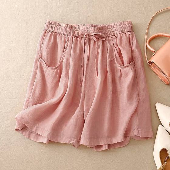 Summer New Style Simple Casual Cotton and Linen Shorts Loose Women's Clothing Pocket All-match Thin Drawstring Tight Waist Slimming Shorts