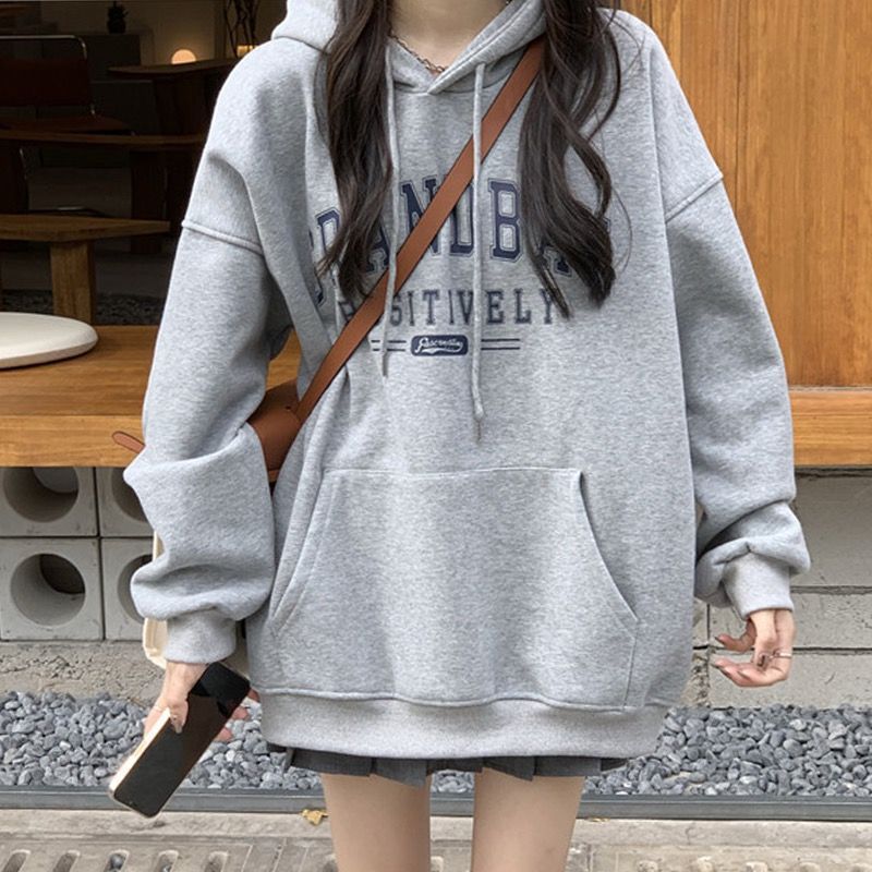 그레이 아메리칸 스타일 후드 가을과 겨울 기모 외부 스웨터 여성 학생 올 매치 오버 사이즈 루즈 뉴 코트 여성