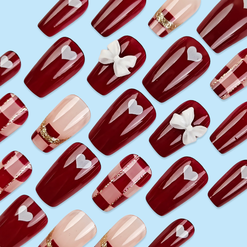 Moda atmósfera roja tablero de ajedrez hecho a mano para usar uñas amor arco de uñas 24 piezas parches de uñas terminados