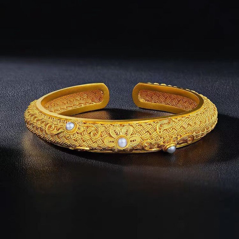 Sand Gold Jewelry, Flower and Brocade Bracelet, Women's Simulated Gold Bracelet, Wedding Three Gold Bracelets, Accessories That Will Not Fade for a Long Time