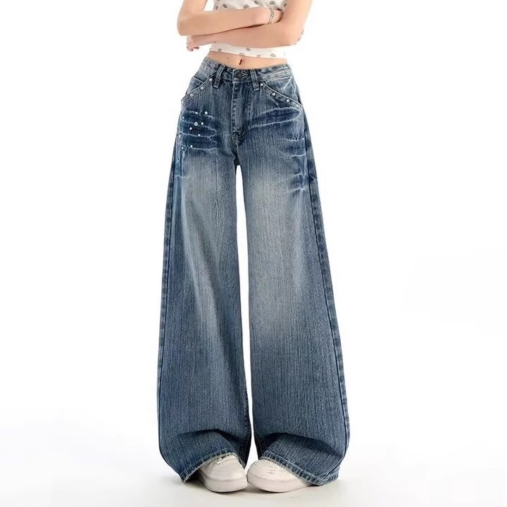 Women's Retro Studded High-Waisted Wide Leg Jeans Casual Cotton Denim Spring/Autumn Style Relaxed Straight Leg Unique Design_voghion.com