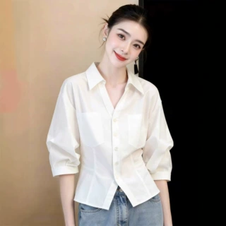 罗粉小众面料设计师品牌秋新款翻领修身纯色极简精致感通勤白衬衫