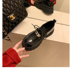 葡萄媽英倫風系帶單鞋粗跟松糕厚底小皮鞋女2024春季新款樂福鞋女