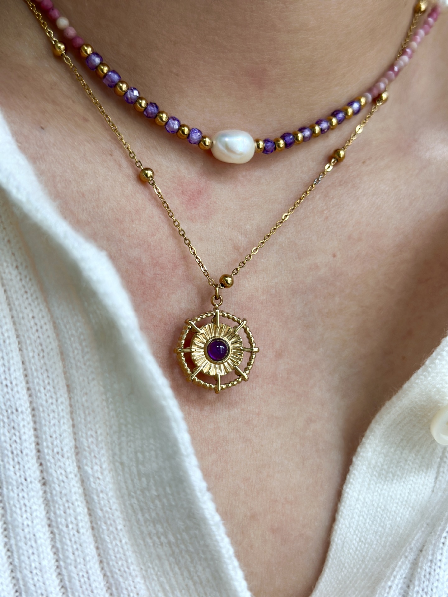 Necklace Classification Simple Style Moon Natural Stone Titanium Steel 14K Gold Plated Necklace In Bulk