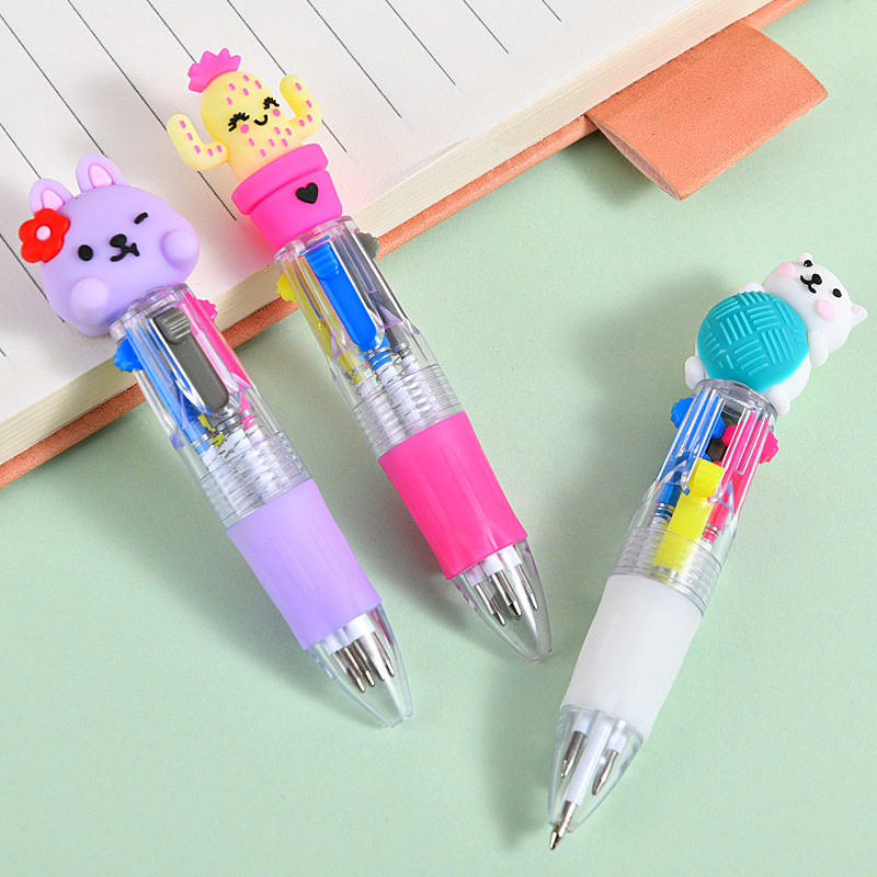 Caricatura lindo gato conejo mini bolígrafo de cuatro colores multicolor en uno bolígrafo de cuentas multicolor para estudiantes premios papelería al por mayor