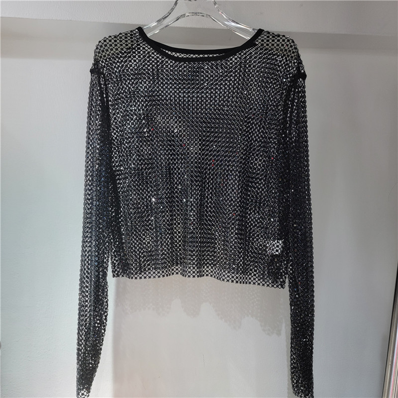Luz de lujo de alto nivel suave chaqueta de cristal de diamante de malla super celestial dentro de la fiesta bling brillante camiseta de base vaciada