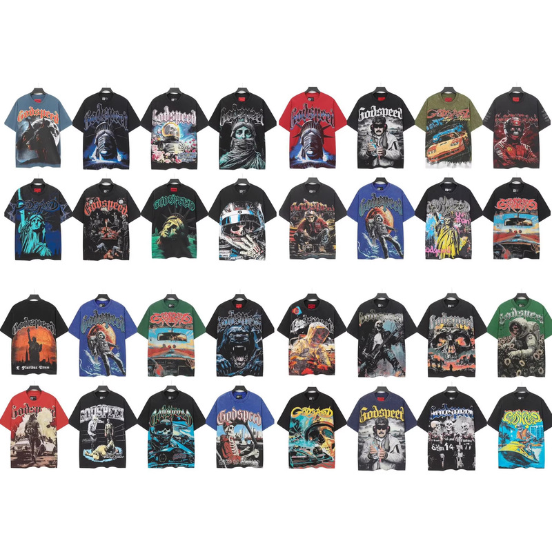 26Ss New Trendy American Style God High Street Hip-Hop Skull Washed Print Loose Round Neck Short-Sleeve T-Shirt Cross-Border Wholesale
