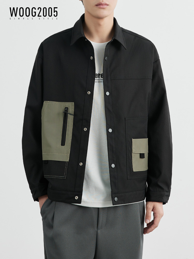 Chaqueta de Solapa Negra para Hombre WOOG2005, Chaqueta Casual de Trabajo con Parches de Moda para Hombre, Primavera 2025