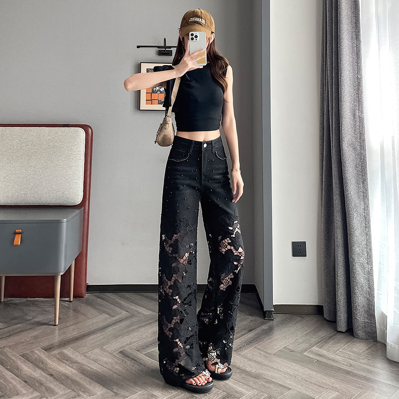 2539 # Black Stretchy Summer Straight-Leg Pants with Hollow-Out Pattern, Fashionable Thin High-Waisted Ripped Women's Jeans