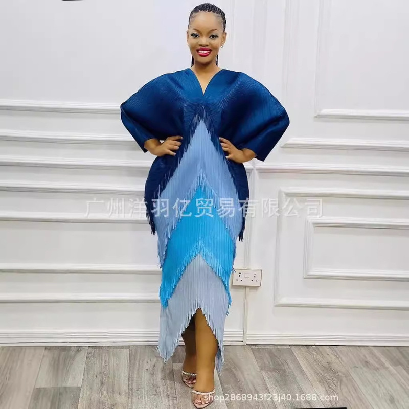 Miyake Pleated 2024 Color-Blocked Tassel Bottoming Dress Aliexpress Amazon Cross-Border Best-Selling Model in Stock