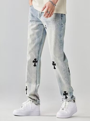 Summer thin denim jeans for men, light blue cross straight leg loose streetwear casual high-street punk cool pants