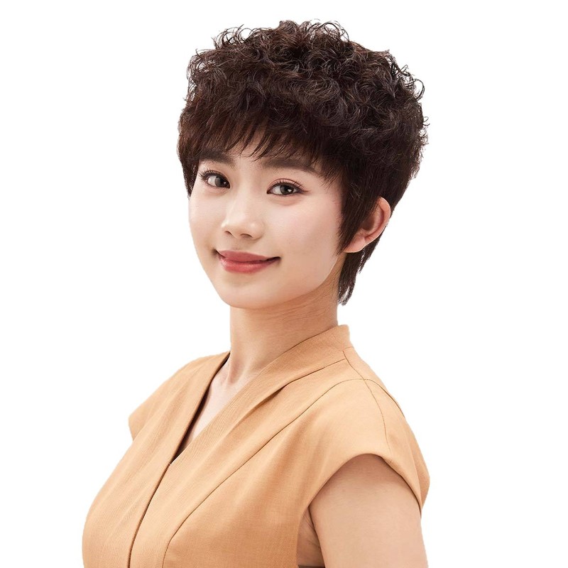 真发假发女全真人发丝头套自然遮白发中老年假发套整顶短卷发头套|undefined