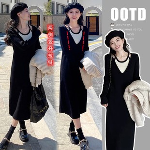 Breastfeeding dress Autumn and Winter Hot Mom Go Out Slimming Knitted Fake Two-piece Breastfeeding Sweater Dress Autumn Postpartum Bottoming