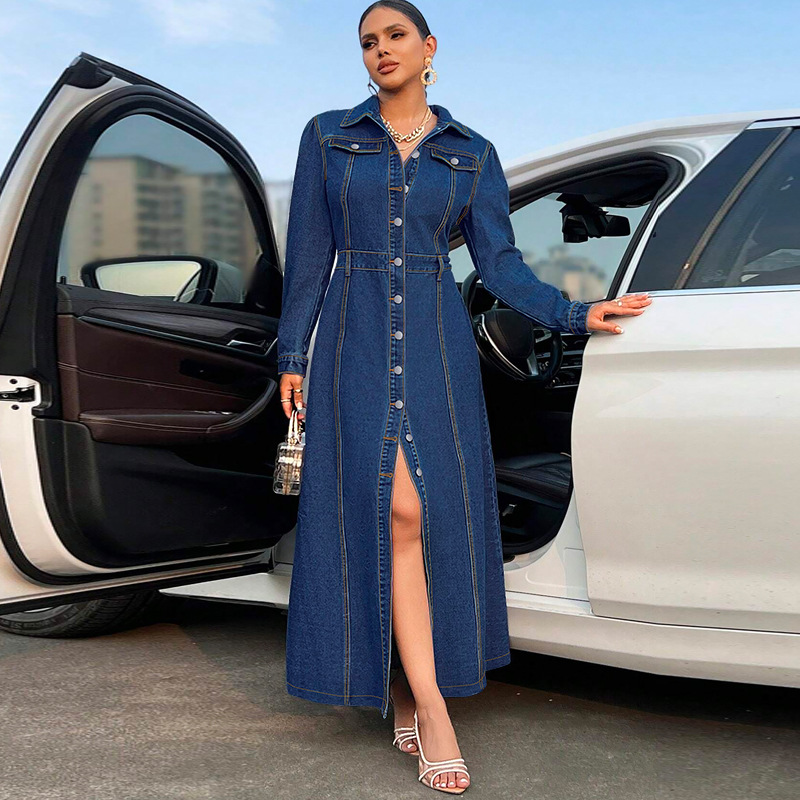 708g Weight Maxi Long Dress Dress Length Type Long Sleeve Sleeve Length Denim Dress Dresses Type Cotton (more than 30%), Denim Fabric Type High Waist Waist Line Holiday, Street Occasion Turndown Neckline Slim Fit Type Solid Color Pattern Spring, Autumn Season Women's Gender Streetwear Style Wholesale Women's Streetwear Solid Color Holiday Street Turndown Long Sleeve Denim Dress 4