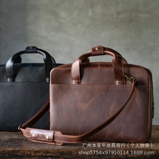 Cross-Border Hot-Selling Crazy Horse Leather Men's Computer Storage Bag Export Multi-Functional Large-Capacity Genuine Leather Diagonal Computer Bag