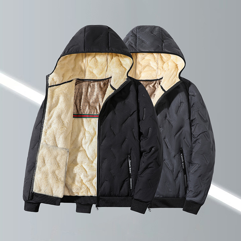 Chaqueta Acolchada con Capucha para Hombre de Poliéster Térmico con Forro de Lana de Cordero para Uso Casual