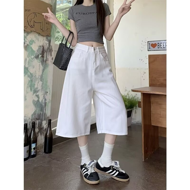 Solid Color Cropped Pants for Women, High-Waisted Straight White Jeans, Petite Size, Slimming, Simple, Versatile, Loose Wide-Leg Pants Solid Color Cropped Pants for Women, High-Waisted Straight White Jeans, Petite Size, Slimming, Simple, Versatile, Loose Wide-Leg Pants