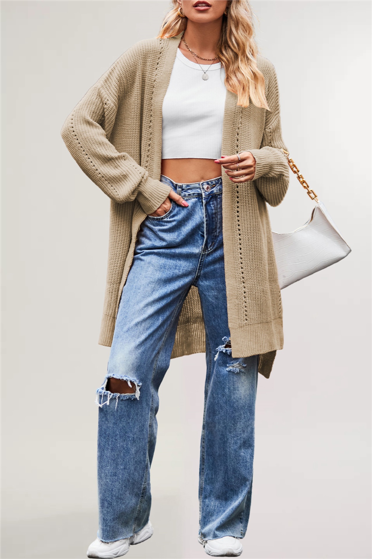 Suéter Nuevo de Otoño e Invierno 2025 para Mujer, Estilo Europeo y Americano, Color Sólido, Cárdigan Holgado de Punto con Bolsillos, Chaqueta