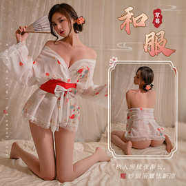 兮欢媚兰情趣内衣性感诱惑日式樱花和服冰丝草莓印花家居睡袍3746