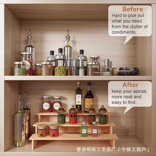 Estante de especias de bambú de tres niveles con botellas de vidrio
