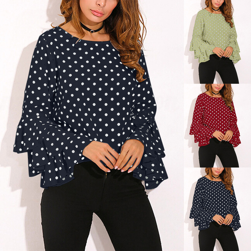 Cross-Border Aliexpress Ebay Hot Selling European and American Polka Dot Bell Sleeve Top Large Size Foldableing Sleeve Chiffon Shirt Top