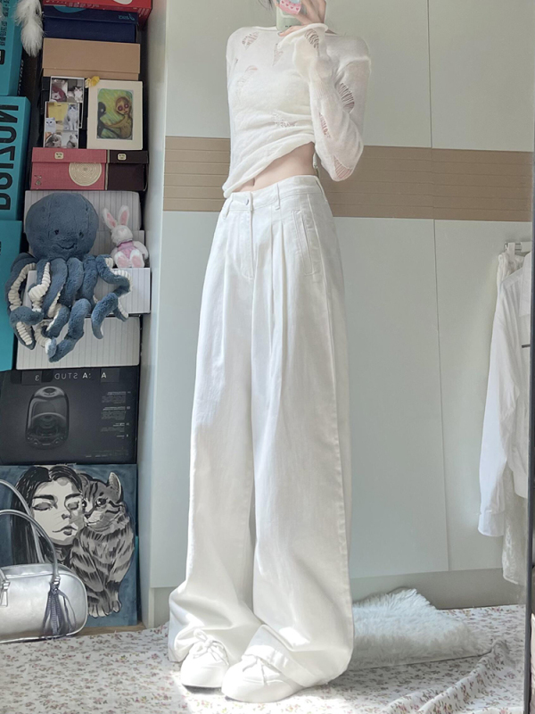 ホワイトリヨセルテンセルジーンズレディース夏薄いハイウエストストレートドレープルーズワイドレッグフロアレングスパンツ|undefined