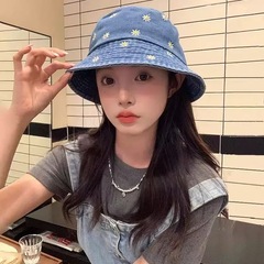 春夏秋季牛仔渔夫帽女士小雏菊绣花盆帽户外防晒遮阳帽水洗牛仔帽