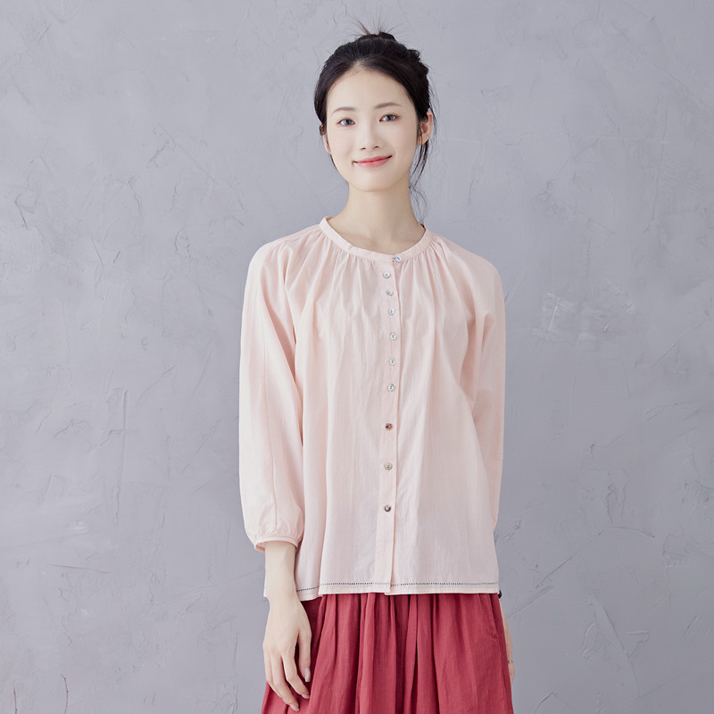 Pima Cotton Thin Shirt Loose Large Size Brand Sun Protection Shirt Cardigan Shirt Women Nude Pink Pure Cotton Summer Chinese Style